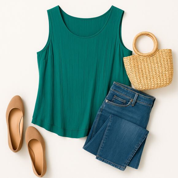 Soft Surroundings Kelly Green Crinkle Cotton Tank Top Lettuce Hem Medium - Picture 2 of 8